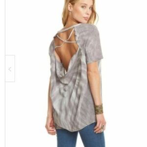 CHASER Silk Tie Dye Top Womens Small Short Sleeve Gray Knotted Drape Back Tee